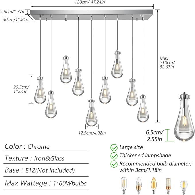 Modern Raindrop Pendant Lights Kitchen Island Teardrop Chrome Hanging Light Fixture Clear Solid Glass Chandeliers Crystal Pendant Light for Porch Living Room Dining Room(Long Plate-9 Lights)