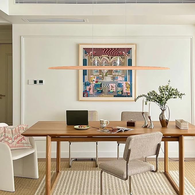 39" 24W Wood LED Linear Pendant Light Fixture Led Dining Room Light Dimmable Hanging Light Fixture for Dining Room Kitchen Island Pool Table Lights Natural Wood Color