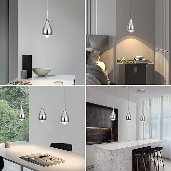 Pendant Lights Kitchen Island, Modern Chrome Pendant Light fixtures, LED Dimmable Hanging Pendant Lighting for Over Sink,Bar,Dining Room,Bedside,Lens COB 4000K(1-Pack)