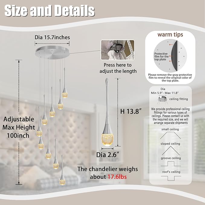 9-Lights Crystal Chandeliers for Staircase Modern Chandeliers for High Ceilings Crystal Pendant Light Fixture for Living Room Kitchen Island Foyer Hallway Bar