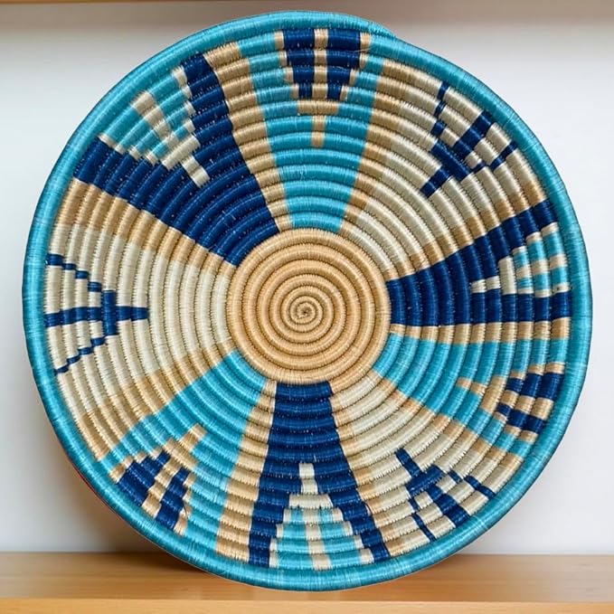 Handwoven African Basket Handmade sisal Fruit Bowl Wall Hanging decorative Baskets for Home Living Room Kitchen Centerpiece Zen Designs Arts and Crafts (Dark Blue Tan Teal, 10in diameter)