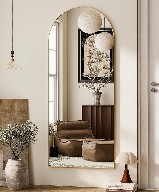 HARRITPURE 64"x21" Arched Full Length Mirror Free Standing Leaning Hanging Mounted Mirror Aluminum Frame Modern Simple Home Decor for Living Room Bedroom Cloakroom, Gold