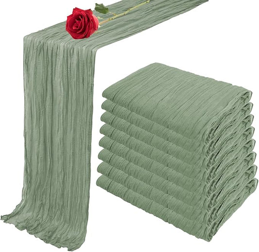 8 Pack 10 Ft Sage Green Cheesecloth Table Runner 35 x 120 Inch Gauze Rustic Christmas Table Runner, Romantic Sheer Boho Cheese Cloth Table Runners for Wedding Bridal Shower Party Decoration ﻿
