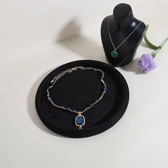 GemeShou Round Jewelry Organizer plate, Top Microfiber velvet Jewerly display tray, Empty Jewelry showcase tray for Necklace Bracelet Ring Earring display stand holder (Black-Large, 9.8 x 9.8 in)