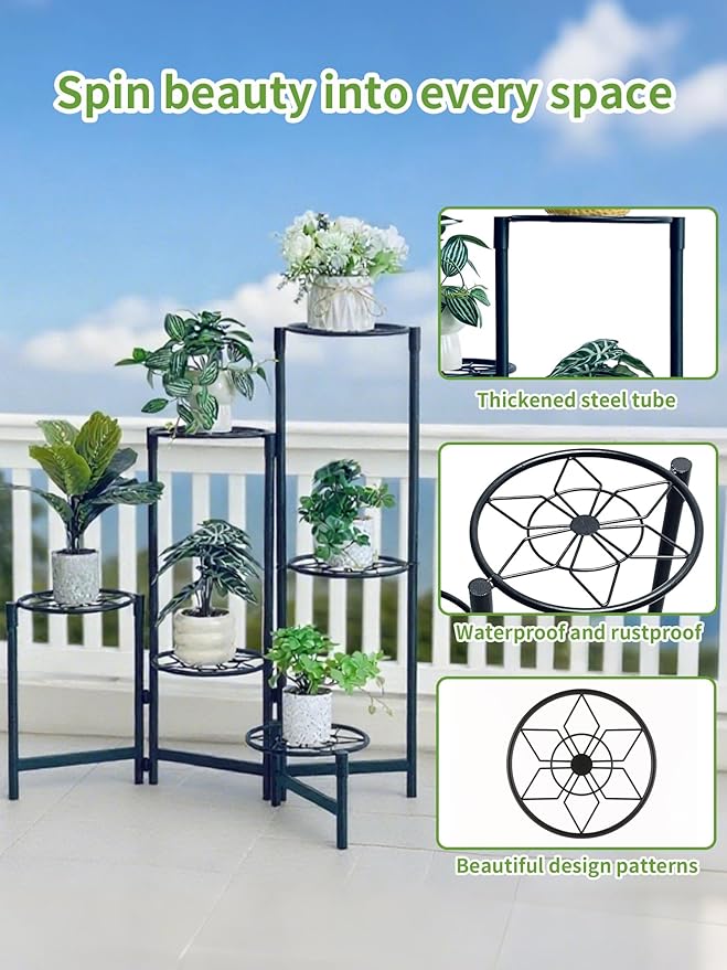 6 Tier Metal Plant Stands Outdoor Indoor, Heavy Duty Flower Pot Holder Potted Display Rack Shelf, Tall Corner Plant Shelf for Patio Garden Balcony Living Room Bedroom -BlackDiamond