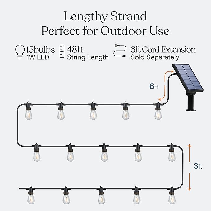 Brightech Ambience Pro Solar Powered Outdoor String Lights, 48ft Remote Control Commercial Grade Waterproof Patio Lights, 15 Edison Bulbs, Shatterproof LED String Lights for Outside - 1W Soft White