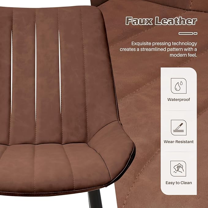 TUKAILAi Faux Leather Dining Chairs Set of 2, Modern Linear Design Kitchen Chairs with Upholstered Seat and Metal Legs, Comfortable Side Chairs for Dining Room Restaurant Commercial (Brown)