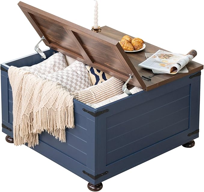 Farmhouse Coffee Table with Hidden Storage, 59 Gallon Square Center Table for Living Room, Rustic Wood Cocktail Tables with Flip-Top Lids, Farm House Tables with Wooden Gourd Feet, Navy Blue