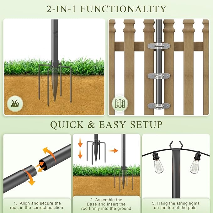 String Light Poles for Outside, 10ft Adjustable Metal Poles for Outdoor String Lights Hanging Light, Outdoor Light Poles with Fork, for Patio, Deck, Backyard, Garden (6 Pack)