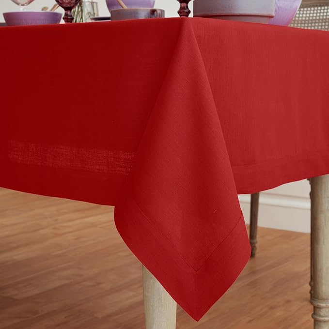 Solino Home Linen Red Tablecloth 60 x 144 Inch - 100% Pure Linen Rectangular Tablecloth - Machine Washable Table Cloth for Christmas, Fall, Autumn - Fete