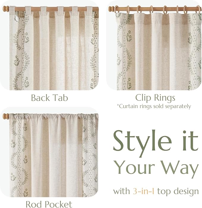jinchan Belrose Linen Curtains for Bedroom Floral Curtains 96 Inch Length Linen Blend Sage Green Embroidered Drapes Farmhouse Flower Patterned Drapes for Living Room Window Treatments Set 2 Panels
