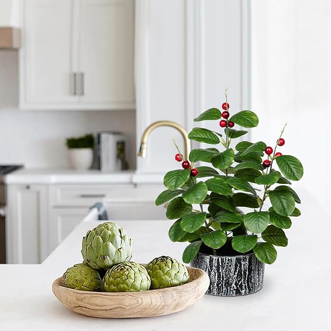 Artificial Plants Decor Greenery Fake Ficus Leaf with Red Seeds Indoor Potted 14" Fake Plant in Rustic Black Ceramic Planter for Farmhouse Room Christmas Kitchen Office Table Desk Decor
