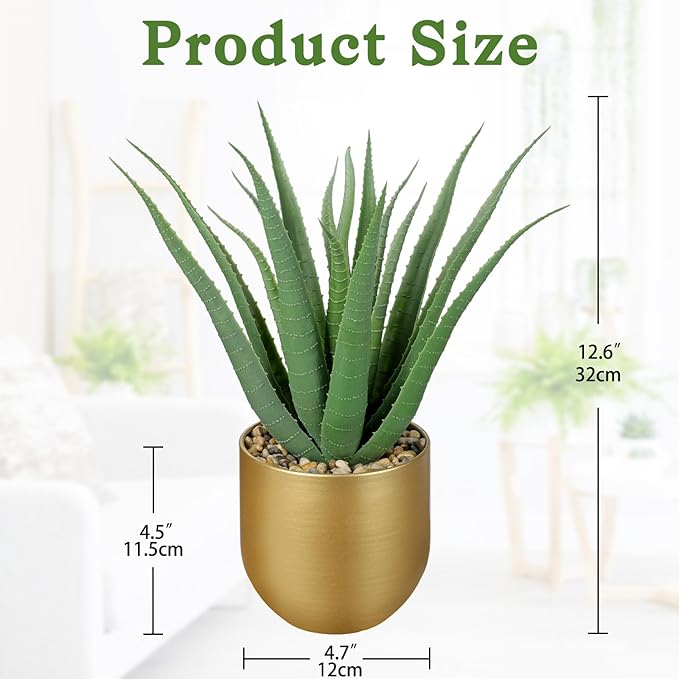 Briful Succulents Artificial Plants Realistic Agave Plant, 4.7'' Gold Metal Pot, Farmhouse Aloe Vera Fake Plants for Home Office Desk Bathroom Shelf Decorations
