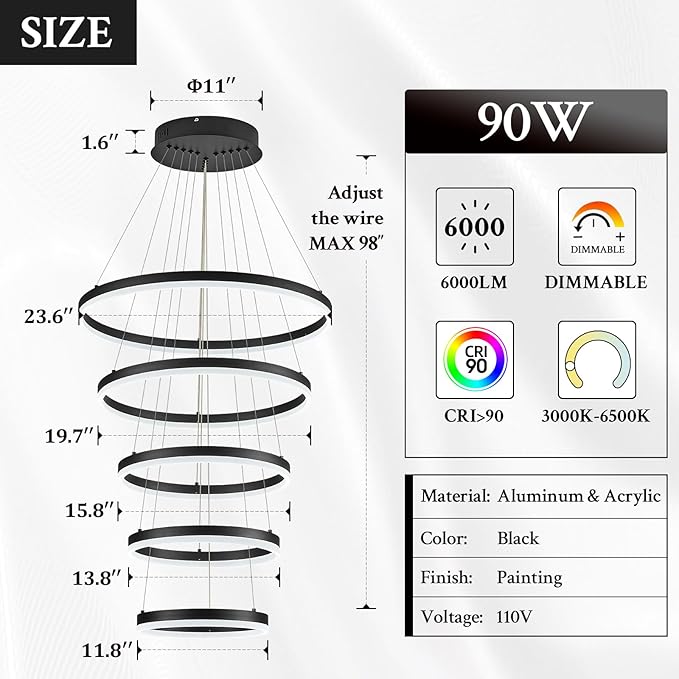 Modern LED Chandelier for Foyer Dimmable Black High Ceiling Chandeliers Foyer with Remote Control for Entryway Dining Room Living Room Staircase, 3000K-6500K(5-Rings D23.6’’)
