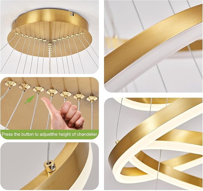 7 Rings Modern LED Chandelier Gold Dimmable Large Foyer Chandeliers Entryway High Ceiling for Staircase, High Ceiling Pendant Lights for Entryway Living Room, 3000K-6500K CCT