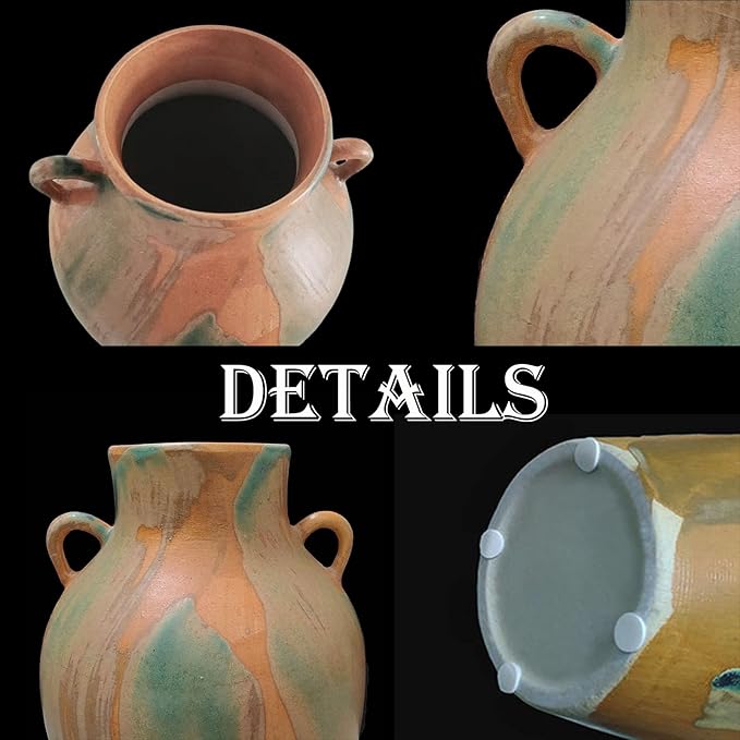 Terracotta Pottery - 10" Unique Decorative Farmhouse Vase with Handle, Green Glazed Earth Yellow Boho Neutral vase Home Decor, Vintage Ceramic Flower vases for Living Room, Kitchen Decor