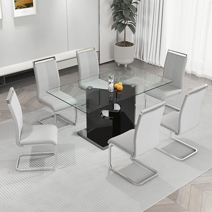 Glass Dining Table Set for 6,7 Piece Dining Table Set, Tempered Glass Table Top and Modern Design MDF Base with 6 PU Leather Ergonomic Dining Chairs