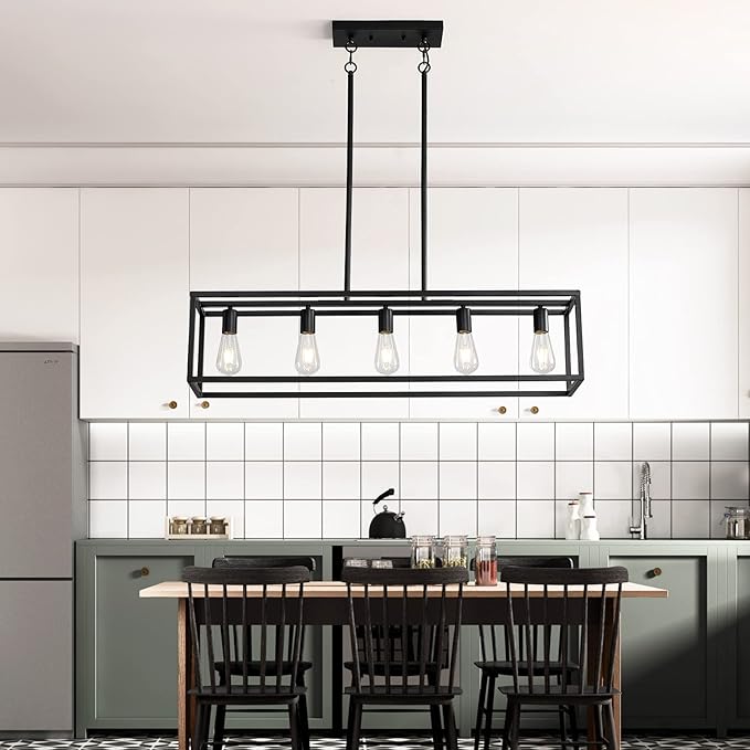 Black Farmhouse Kitchen Island Lighting, Modern Industrial Chandelier, 5-Light Linear Rectangular Pendant Light Fixtures for Farmhouse Kitchen Dining Room Bar Foyer(Metal, Height Adjustable)