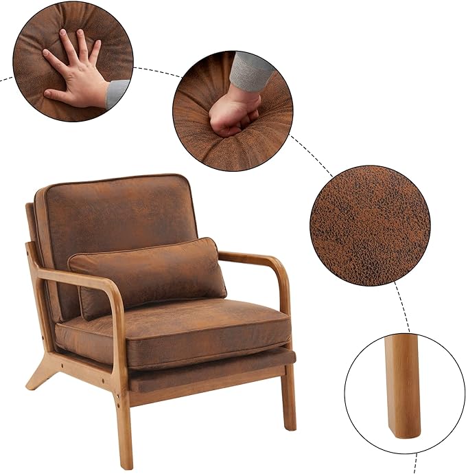 Karl home Accent Chair Mid-Century Modern Chair with Pillow Bronzing Cloth Upholstered Lounge Arm Chair with Solid Wood Frame & Soft Cushion for Living Room, Bedroom, Balcony, Brown