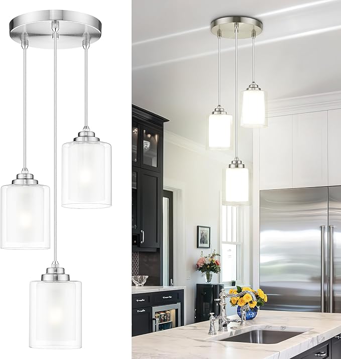 TENGXIN 3 Light Pendant Lights, Kitchen Island, Bedroom Modern Farmhouse Pendant with Dual Glass Shade, Brushed Nickel