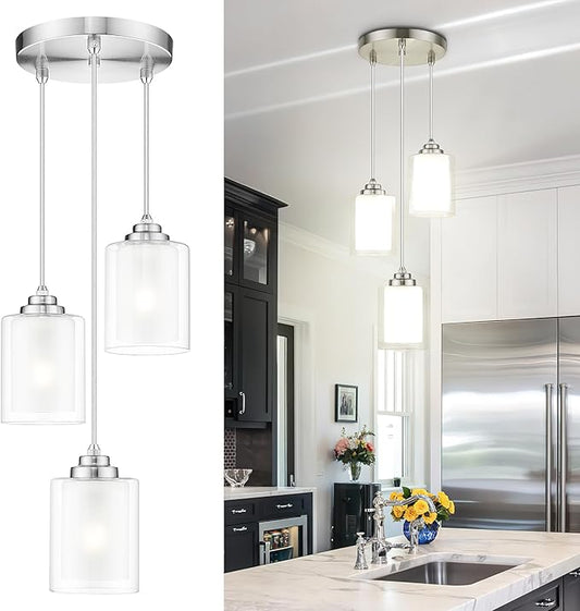 TENGXIN 3 Light Pendant Lights, Kitchen Island, Bedroom Modern Farmhouse Pendant with Dual Glass Shade, Brushed Nickel