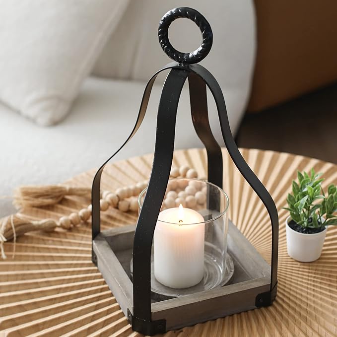 SwallowLiving 13" Rustic Farmhouse Wood and Metal Candle Candlestick Lantern Patio, Table Centerpiece