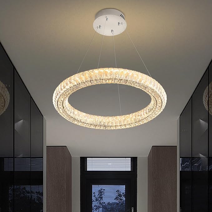 Modern Crystal Chandelier Dimmable LED 23.6" Ring Pendant Light Adjustable Round Chrome Crystal Chandelier Light Fixtures for Dining Room Living Room