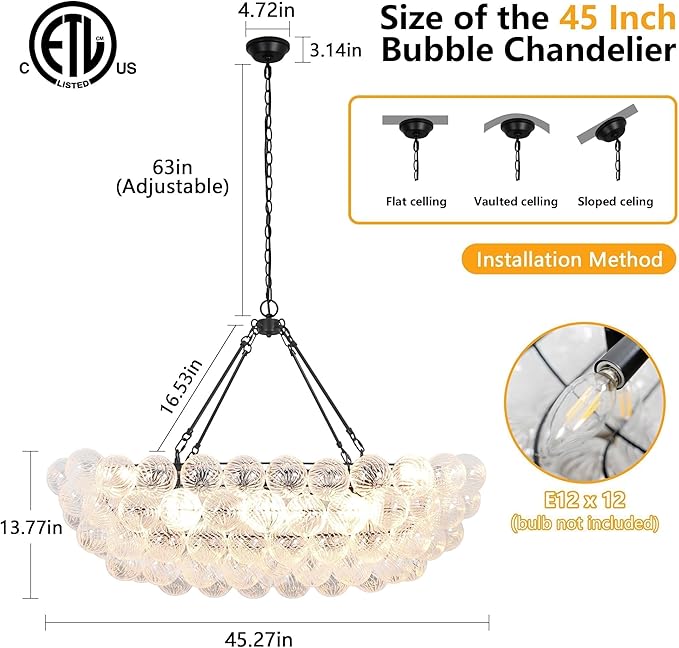 Dining Room Chandelier Bubble Cluster Chandelier Modern 12 Lights Luxury Large Globe Pendant Light for Living Room, Farmhouse, Stairs, Foyer, Dia 45 Inch