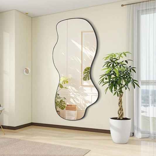 POZINO Irregular Mirror Full Length, Large Asymmetrical Wall Mirror, 63"x30" Wavy Shaped Mirrors, Modern Frameless Decorative Mirrors for Dressing Living Room Bathroom Bedroom Hallway Entryway