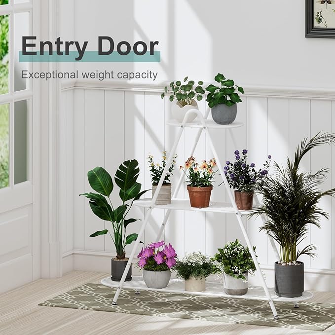 3-Tier Plant Stand, Heavy Duty Metal Planter Rack - White Indoor/Outdoor Shelves with Large Tier’s Shelf - Display Multiple Flower Pots, Iron Plant Organizer for Living Room, Patio & Garden