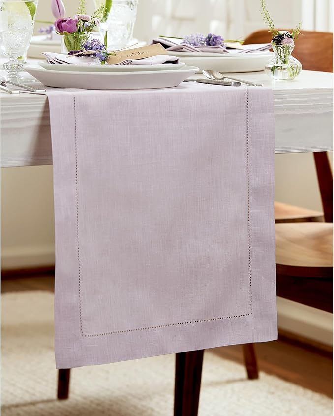 Solino Home Linen Lilac Table Runner 144 Inches Long - 100% Pure Linen Extra Long Table Runner 14 x 144 Inch for Fall, Autumn, Thanksgiving, Christmas - Classic Hemstitch