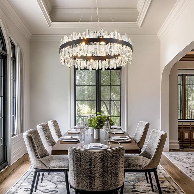 Round Modern Crystal Chandelier, Black Luxury K9 Crystal Raindrop Chandelier, Adjustable Height Pendant Ceiling Light for Dining Living Room Kitchen Island D30