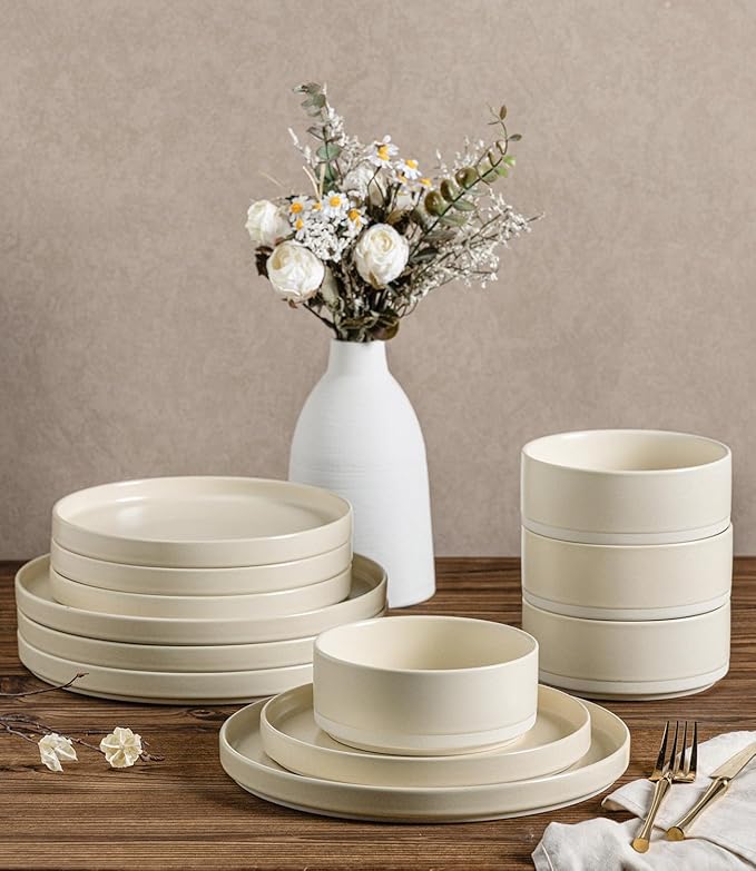 TheTerra Ceramic Dinnerware Sets for 4, 12 Pieces Handmade Reactive Glaze Plates and Bowls Set, Scratch Resistant Dish Set, Oven & Microwave & Dishwasher Safe, Matte White