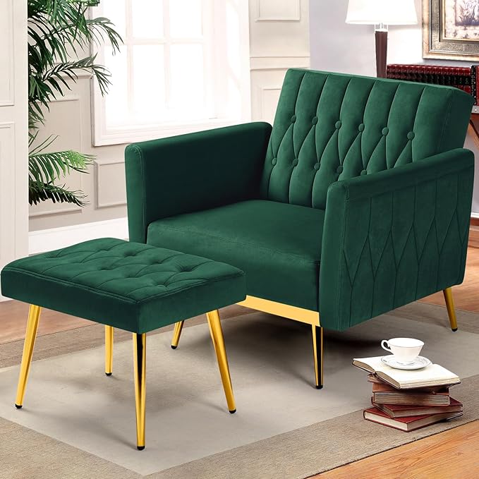 Velvet Accent Chair with Adjustable Armrests and Backrest, Button Tufted Lounge Chair, Single Recliner Armchair with Ottoman and Pillow for Living Room, Bedroom, Green