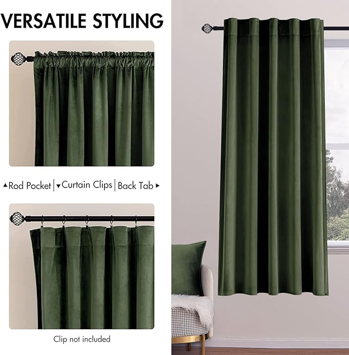 MIULEE Velvet Curtains 63 inch Length 2 Panels - Luxury Blackout Curtains for Bedroom Living Room Thermal Insulated Super Soft Window Drapes Back Tab, Olive Green, W52 x L63 inches