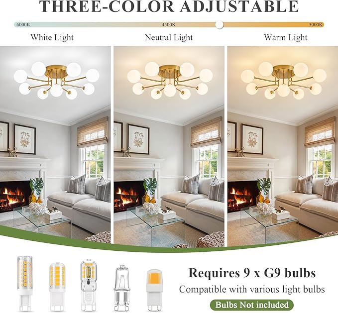 Semi Flush Mount Ceiling Light Fixture,Modern Gold Globe Sputnik Chandeliers 9-Light Mid Century Milk Glass Chandelier for Dining Room,Kitchen Island,Bedroom,Living Room,Entryway,Foyer,33 Inch