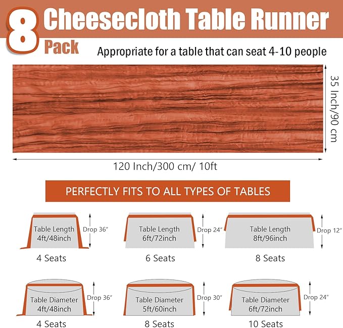 8 Pack 10 ft Terracotta Cheesecloth Table Runner 35 x 120 Inches Boho Gauze Easter Cheese Cloth Table Runners Romantic Sheer Table Runner for Wedding Centerpiece Bridal Shower Party Decorations