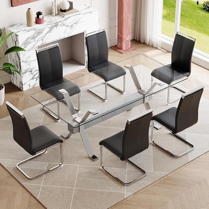 7 Piece Glass Dining Table Set, Kitchen Table Chairs Set for 6, 71'' Dining Table with 0.4" Tempered Glass Tabletop with Plated Metal Legs and MDF Crossbar, 6 PU Chairs for Dining Room, Kitchen.