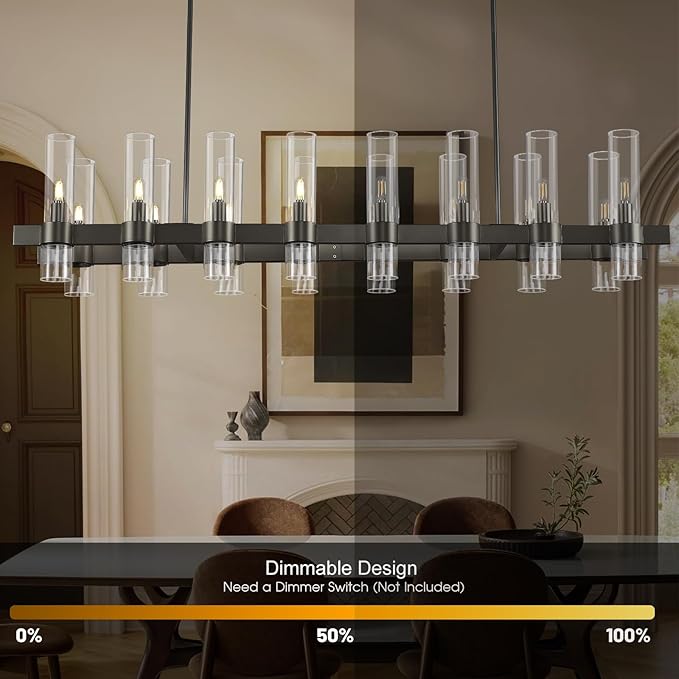 Modern Black Linear Chandelier for Dining Room, 54'' Rectangular Dining Chandeliers Over Dining Table 16 Light, Linear Chandelier Lighting Fixture with Glass over Kitchen Island, Includes Bulbs