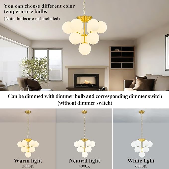 10 Lights Globe Pendant Light Mid Century Pendant Lighting Modern Gold Sputnik Chandelier Dining Room Pendant Lights for Kitchen Island Living Room Bedroom Staircase