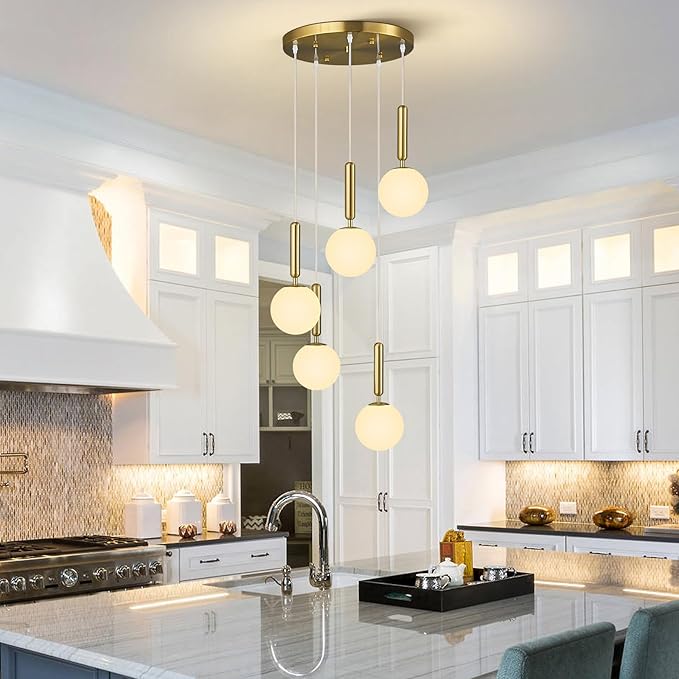 Modern Gold Pendant Light Hanging Fixture Light for Kitchen Island Mid Century with Globe Pendant Light Milk White Glass Pendant Lighting for Living Room Bedroom Entryway (5 Lights)