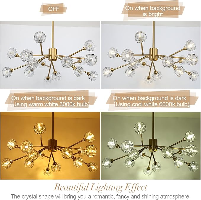 Sputnik Chandeliers for Dining Room Light Fixtures,Modern Crystal Chandeliers for Living Room,15 Lights Gold Mid Century Brass Lighting Fixtures for Kitchen Island Bedroom Entryway