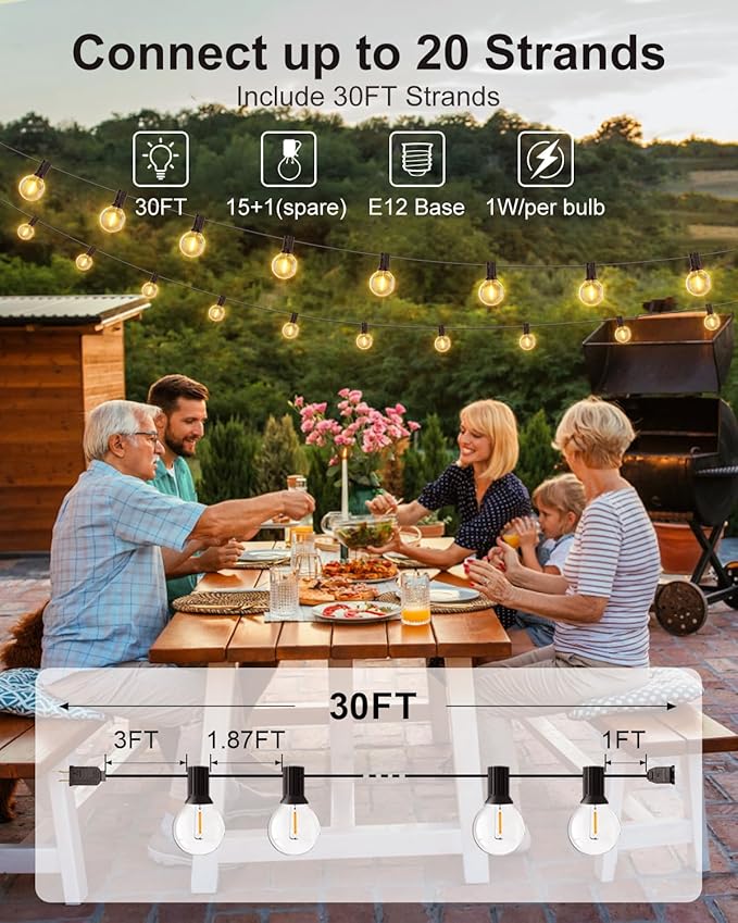 GLUROO Outdoor String Lights, 30FT LED Patio Lights Outdoor Wateproof with 15+1 Globle Bulbs Shatterproof, 2700K Outside for Backyard,Bistro,Camping,Deck,Yard,Garden