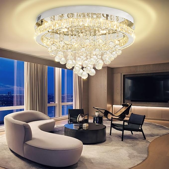 24" Modern Crystal Chandeliers for Dining Room Chrome Ceiling Chandelier Flush Mount Crystal Ceiling Light for Bedroom Living Room Hallway