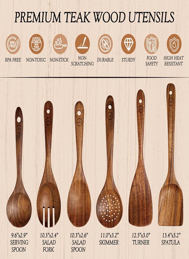 100% Natural Teak Wood Wooden Utensil Set – Non-Stick & Heat Resistant – 6 Pcs Durable Kitchen Spoons for Cooking, Eco-Friendly & Comfortable Grip