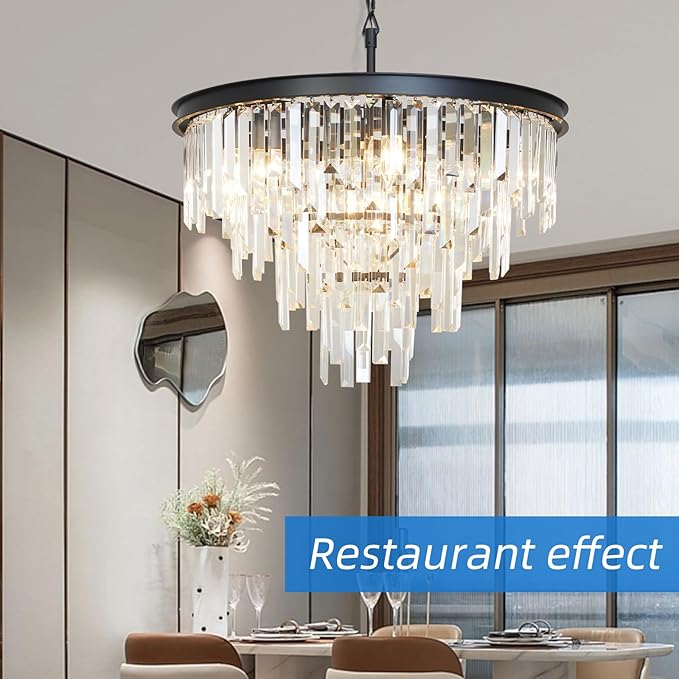 24'' Modern Crystal Chandelier, Black Round Ceiling Light with Clear Prisms, Luxury Flush Mount Lighting Fixture for Dining Room Bedroom Foyer