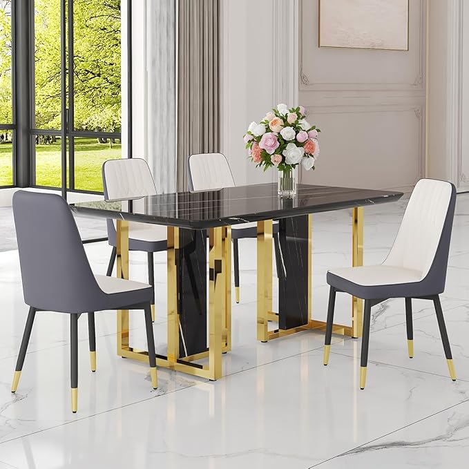 TesNus 63" Black Dining Table Set for 4 with Chairs,Modern Faux Marble Rectangular Kitchen Table and Chairs Set Luxury 5 Piece Dining Room Set with Gold Metal Legs,Easy Assemble,Stable Base