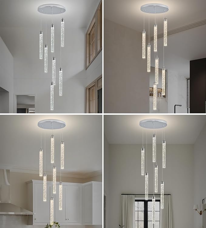 7-Lights High Ceiling Crystal Staircase Chandelier Chrome Pendant Lights Modern Spiral Raindrop Dimmable LED Bubble Cluster Ceiling Hanging Lighting Fixture for Foyer Living Room Remote Control