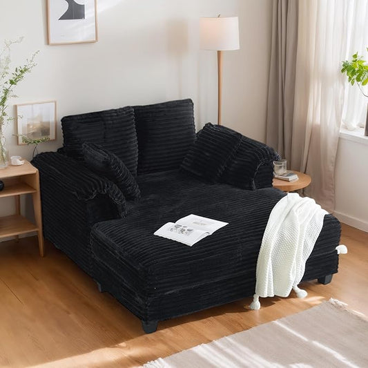 VINGLI 56" Oversized Chaise Lounge Chair, Black Comfy Corduroy Chaise Sofa Recliner Bed Upholstered Sleeper Couch Bed with Throw Pillows and Armrests for Living Room, Movie Room, Bedroom