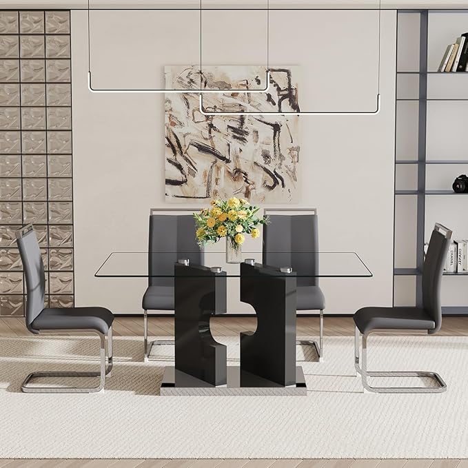 Glass Dining Room Table Set for 4,Dining Table Set for 4 with PU Leather Chairs,Retangular Dining Table with MDF Table Legs and Sliver Base for Dining Room